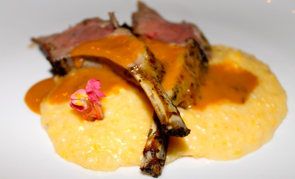 Herb Encrusted Rack of Lamb served with Polenta and a Demi Glaze Chanterelle Mushroom Sauce